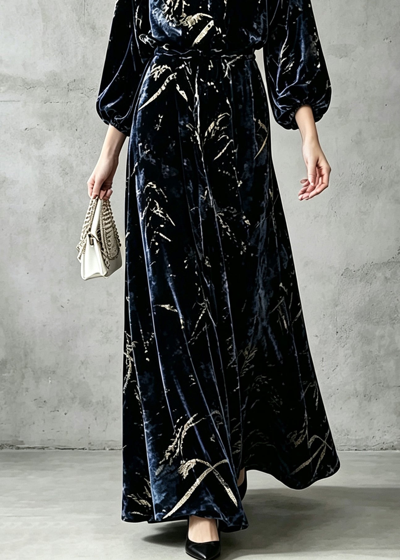 Boho Navy V Neck Elastic Waist Velvet  Maxi Dress Fall