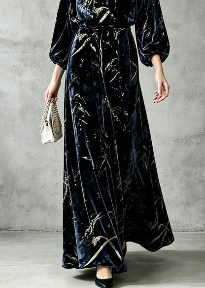 Boho Navy V Neck Elastic Waist Velvet  Maxi Dress Fall