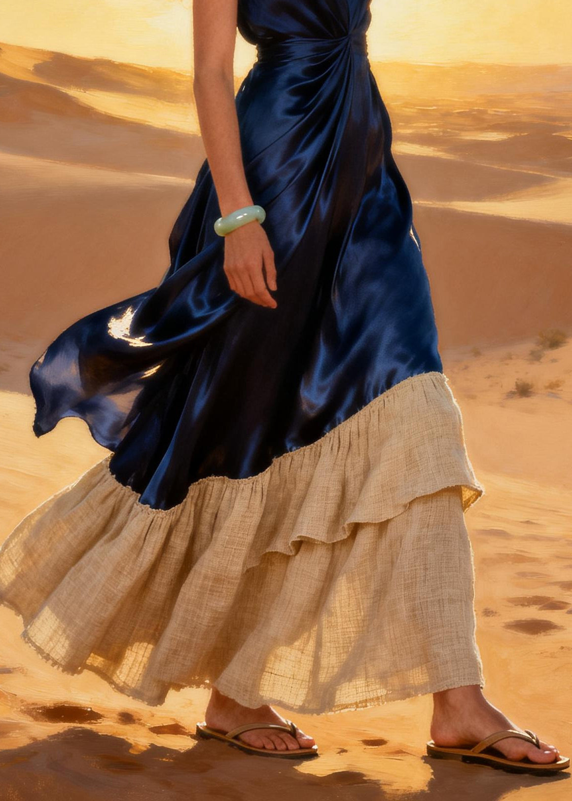 Boho Navy V Neck Patchwork Linen Silk Long Dresses Summer