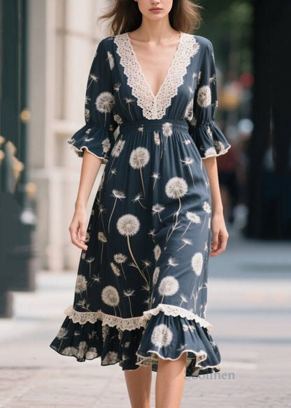 Boho Navy V Neck Patchwork Print Chiffon Long Dresses Summer