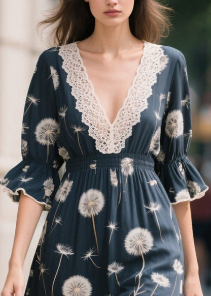 Boho Navy V Neck Patchwork Print Chiffon Long Dresses Summer