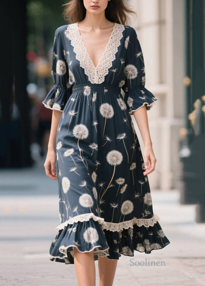 Boho Navy V Neck Patchwork Print Chiffon Long Dresses Summer