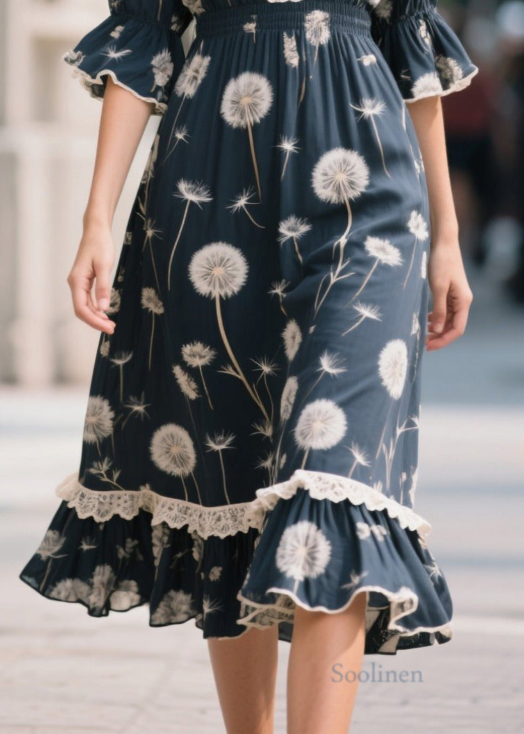 Boho Navy V Neck Patchwork Print Chiffon Long Dresses Summer