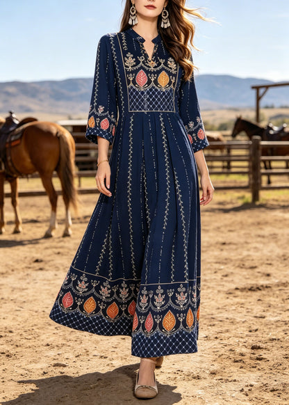 Boho Navy V Neck Print Cotton Maxi Dresses Bracelet Sleeve