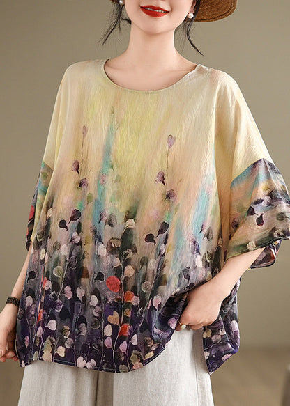 Boho O Neck Print Plus Size Cotton Top Summer