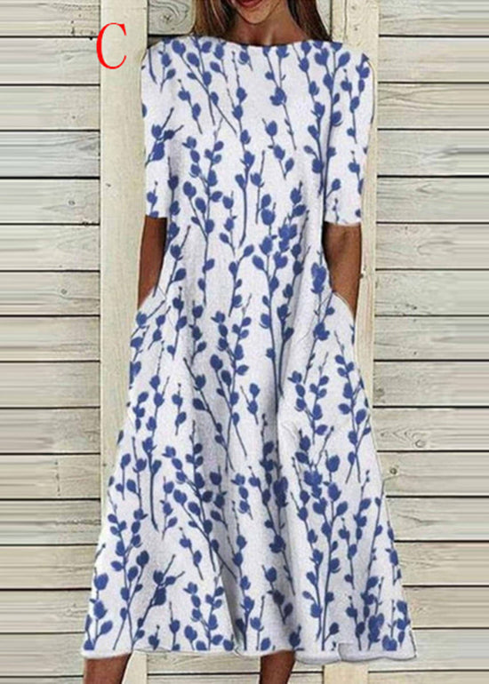 Boho O Neck Print Pockets Loose Cotton Dresses Summer
