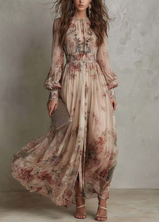 Boho O Neck Wrinkled Print Chiffon Long Dress Fall