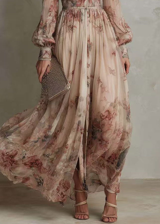Boho O Neck Wrinkled Print Chiffon Long Dress Fall