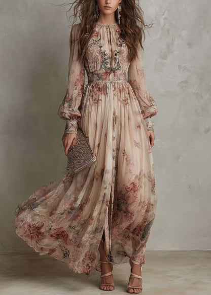 Boho O Neck Wrinkled Print Chiffon Long Dress Fall