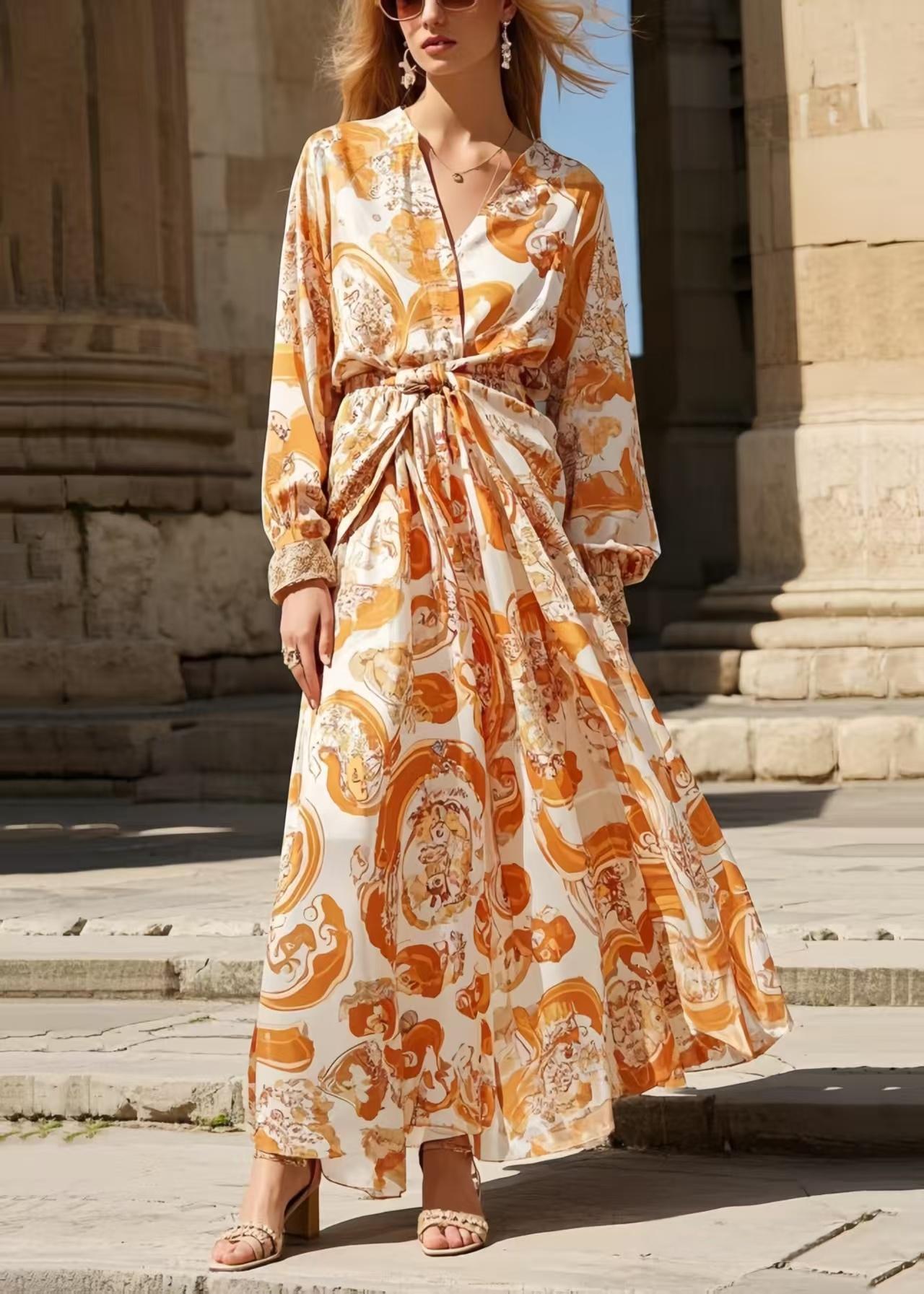 Boho Orange Cinched Print Chiffon Shirt Dress Spring