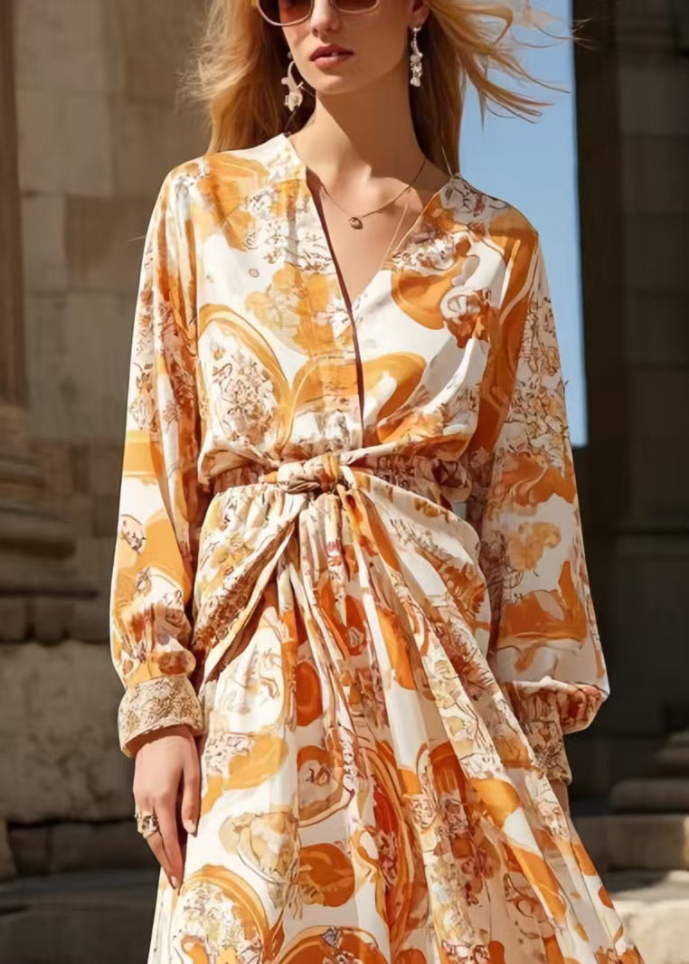 Boho Orange Cinched Print Chiffon Shirt Dress Spring