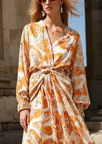 Boho Orange Cinched Print Chiffon Shirt Dress Spring