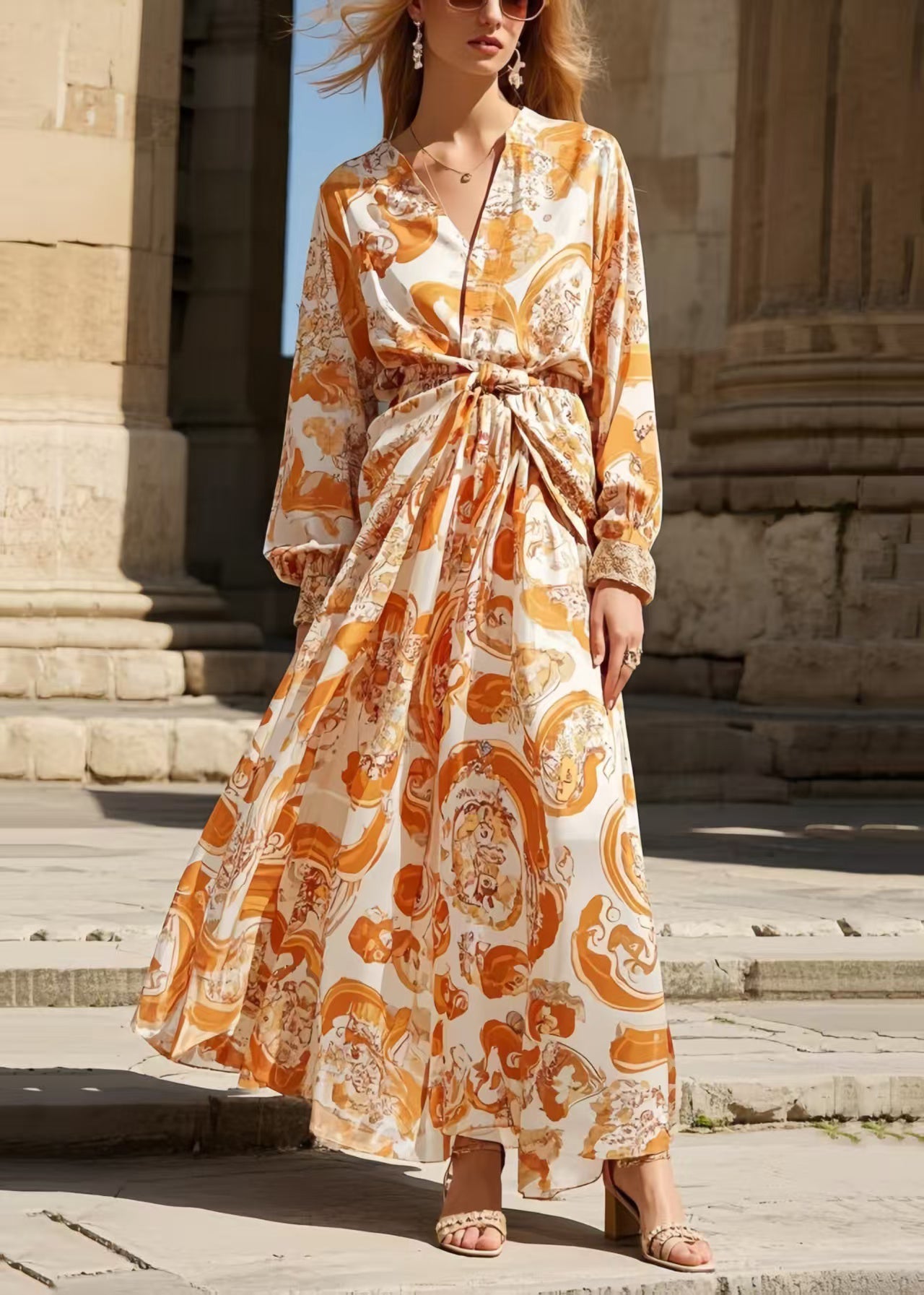 Boho Orange Cinched Print Chiffon Shirt Dress Spring