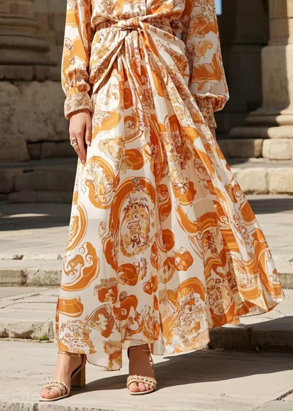 Boho Orange Cinched Print Chiffon Shirt Dress Spring