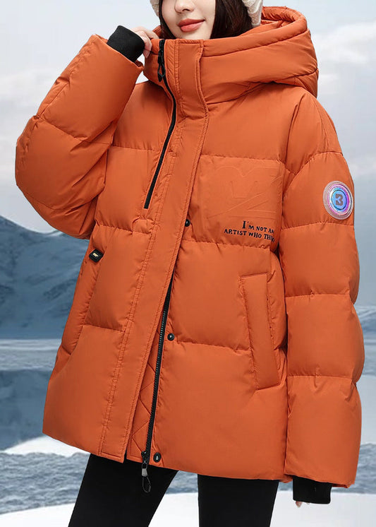 Boho Orange Hooded Letter Duck Down Down Coat Winter