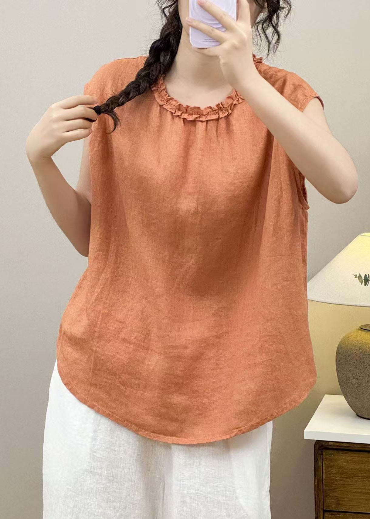 Boho Orange Ruffled Linen Shirt Top Sleeveless