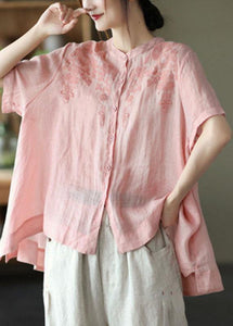 Boho Black geometry Summer Side Open Stand Collar Ramie Loose Short Sleeve