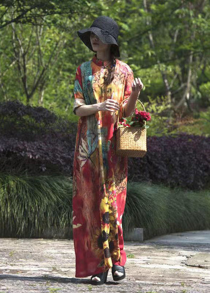 Boho Original Stand Collar Print Linen Long Dresses Spring