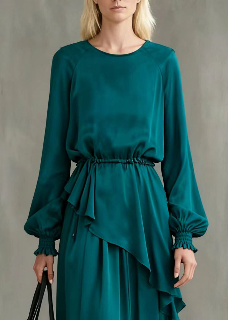 Boho Peacock Blue Asymmetrical Cinched Cotton Two Pieces Set Summer