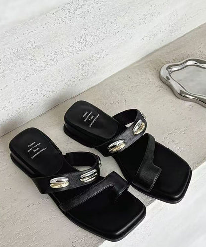 Boho Peep Toe Black Faux Leather Sandals For Women