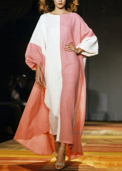 Boho Pink Asymmetrical Patchwork Cotton Dresses Lantern Sleeve