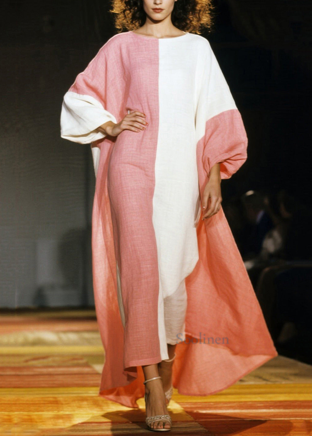 Boho Pink Asymmetrical Patchwork Cotton Dresses Lantern Sleeve