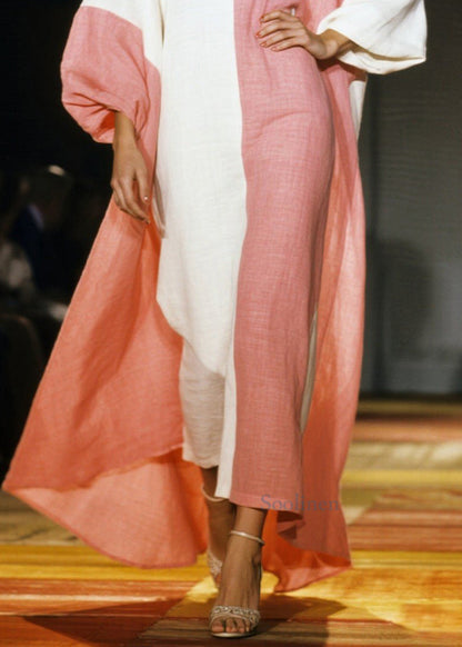 Boho Pink Asymmetrical Patchwork Cotton Dresses Lantern Sleeve