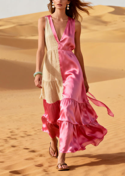 Boho Pink Asymmetrical Patchwork Silk Vacation Dresses Summer