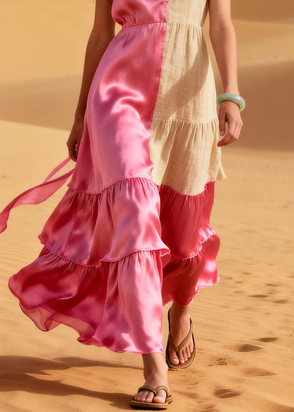 Boho Pink Asymmetrical Patchwork Silk Vacation Dresses Summer