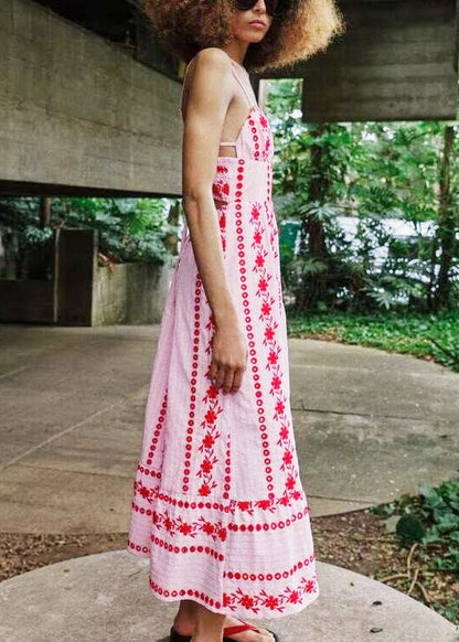 Boho Pink Bustier Embroidered Cotton Spaghetti Strap Dress Summer