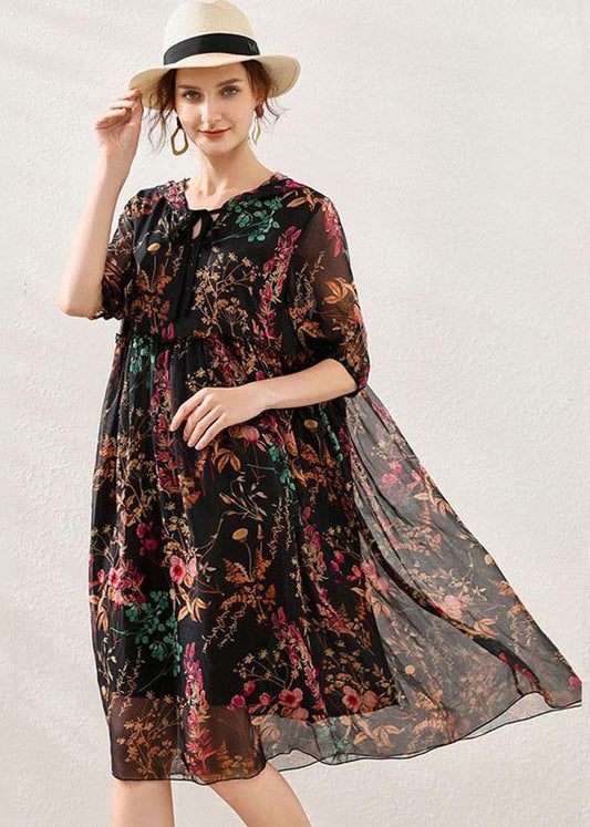 Boho Pink Cinched Print Summer Chiffon Mid Dress Half Sleeve - SooLinen