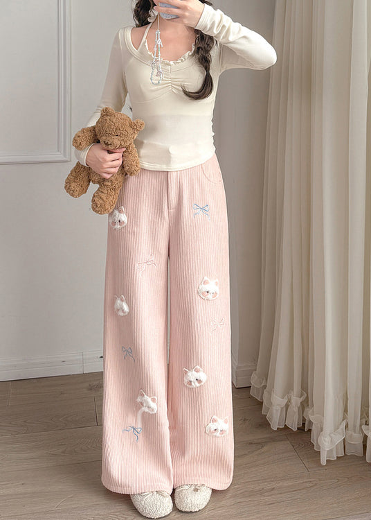 Boho Pink Embroidered Cat Decorated Warm Fleece Pants Winter