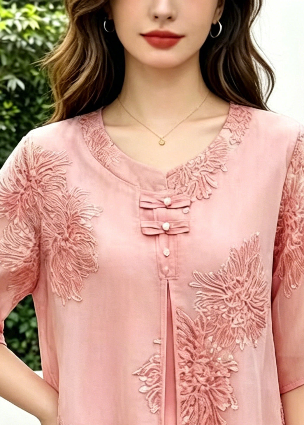 Boho Pink Embroidered Chinese Button Silk Blouse Top Summer