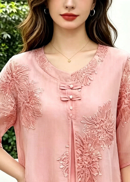 Boho Pink Embroidered Chinese Button Silk Blouse Top Summer