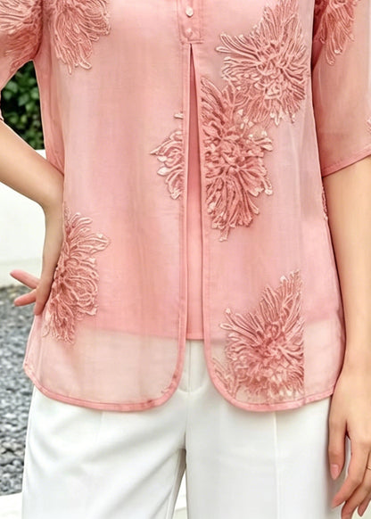 Boho Pink Embroidered Chinese Button Silk Blouse Top Summer