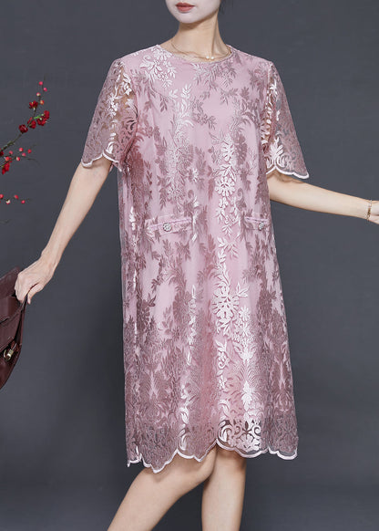 Boho Pink Embroidered Silk Tea Dress Summer