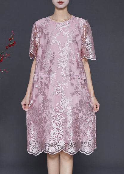 Boho Pink Embroidered Silk Tea Dress Summer