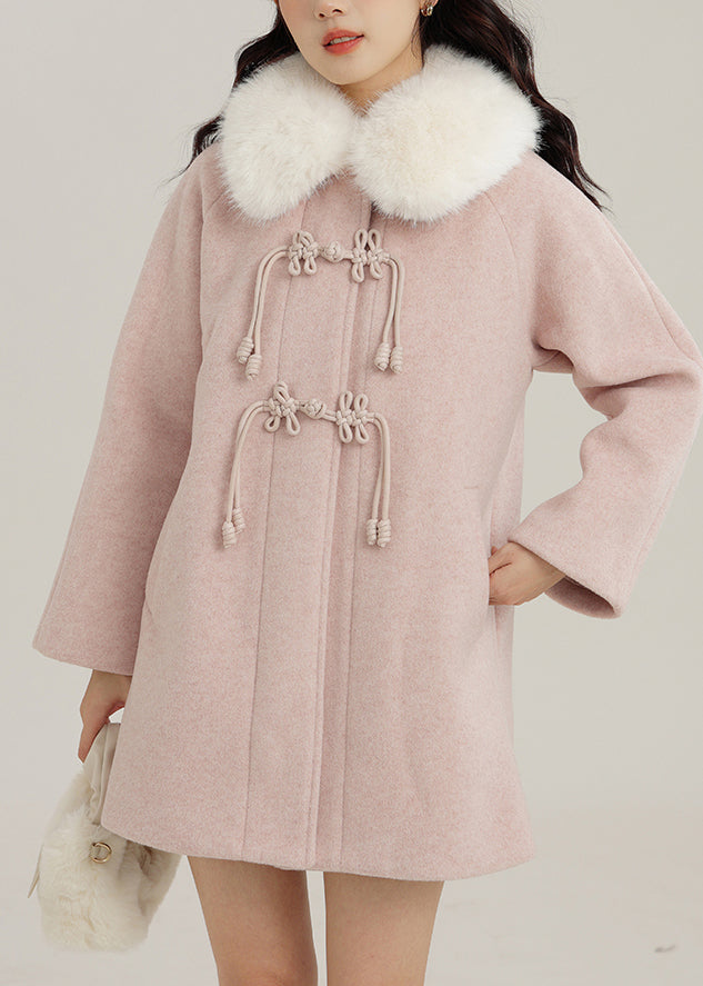 Boho Pink Fur Collar Chinese Button Woolen Coats Winter