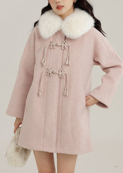 Boho Pink Fur Collar Chinese Button Woolen Coats Winter