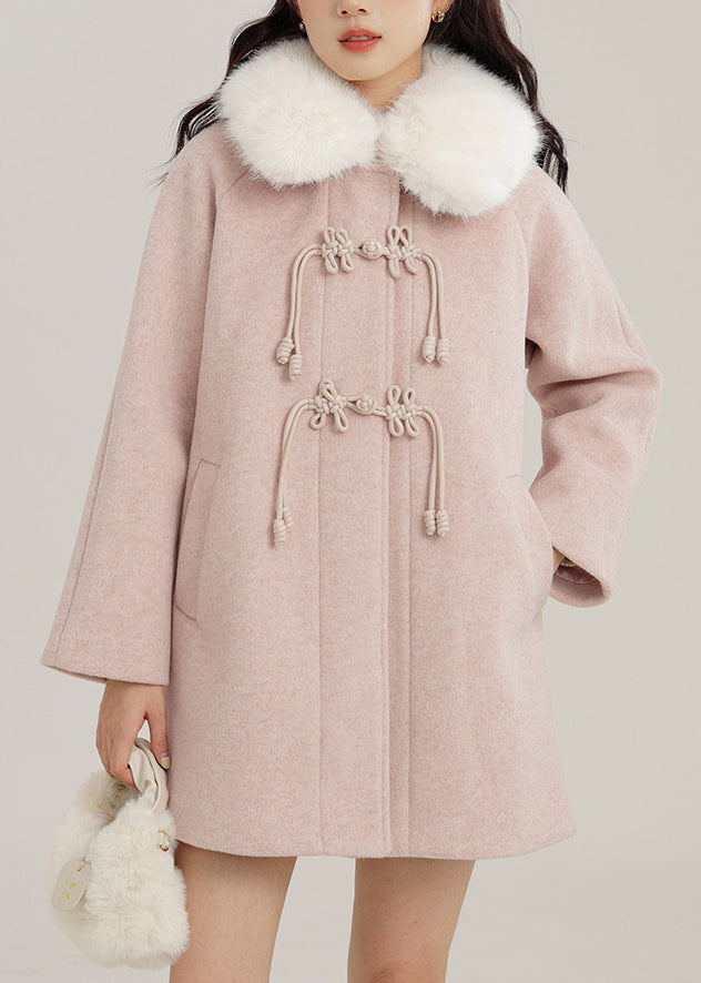 Boho Pink Fur Collar Chinese Button Woolen Coats Winter