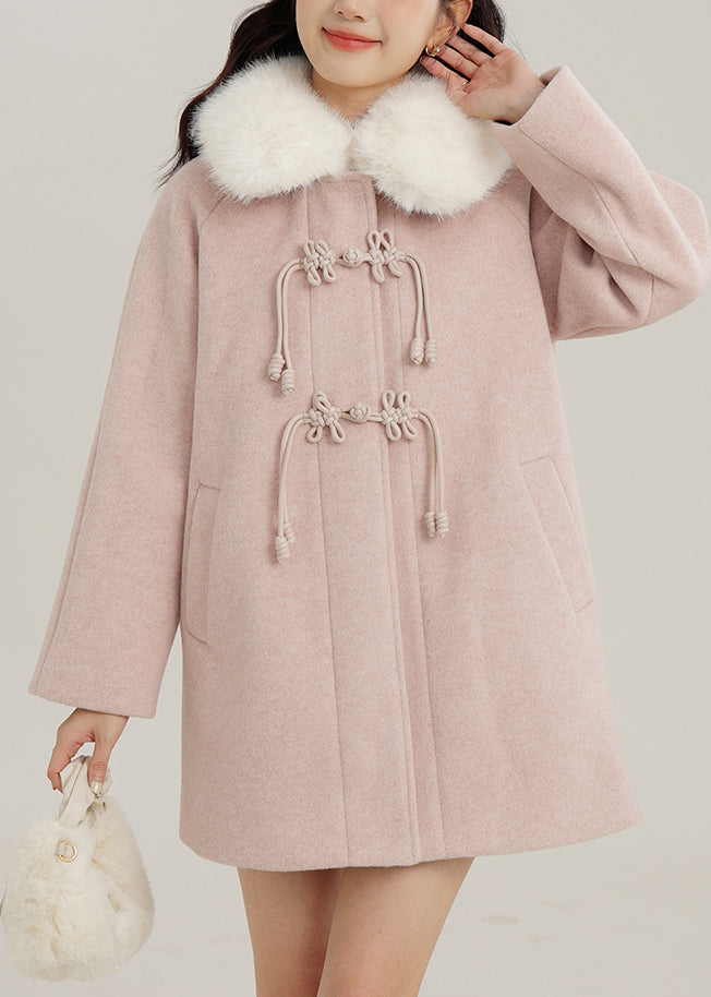 Boho Pink Fur Collar Chinese Button Woolen Coats Winter