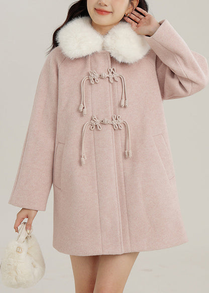 Boho Pink Fur Collar Chinese Button Woolen Coats Winter