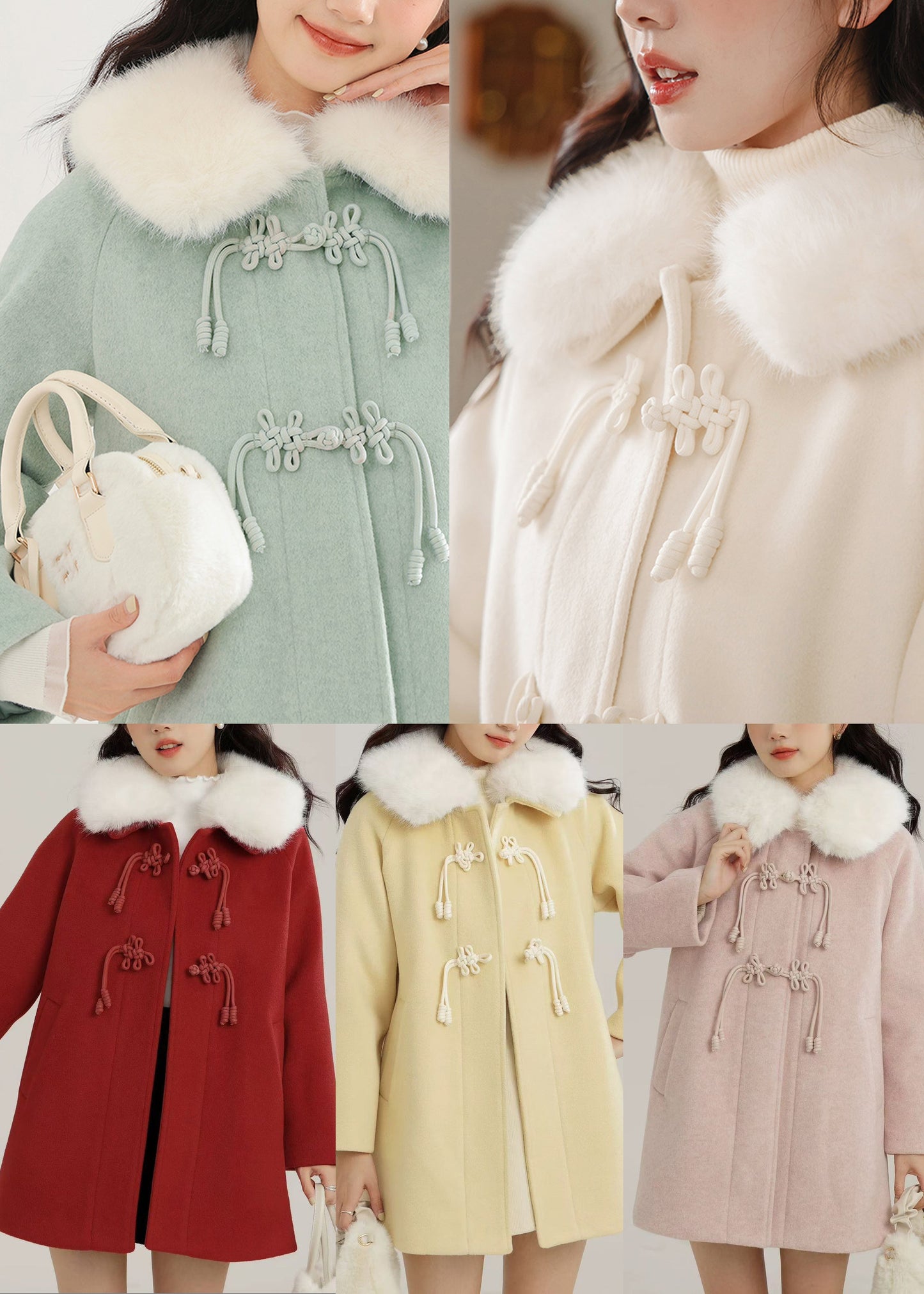 Boho Pink Fur Collar Chinese Button Woolen Coats Winter