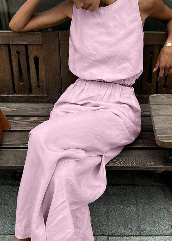 Boho Pink O-Neck Solid Top And Wide Leg Pants Two Pieces Set Summer