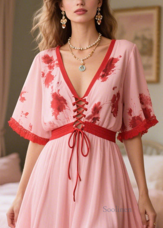 Boho Pink Patchwork Cross Strap Chiffon Holiday Dress Summer