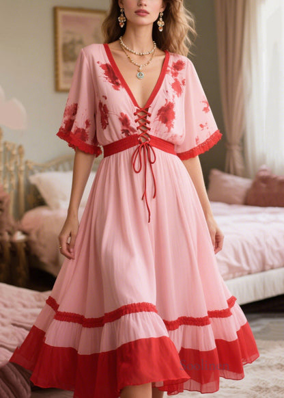 Boho Pink Patchwork Cross Strap Chiffon Holiday Dress Summer