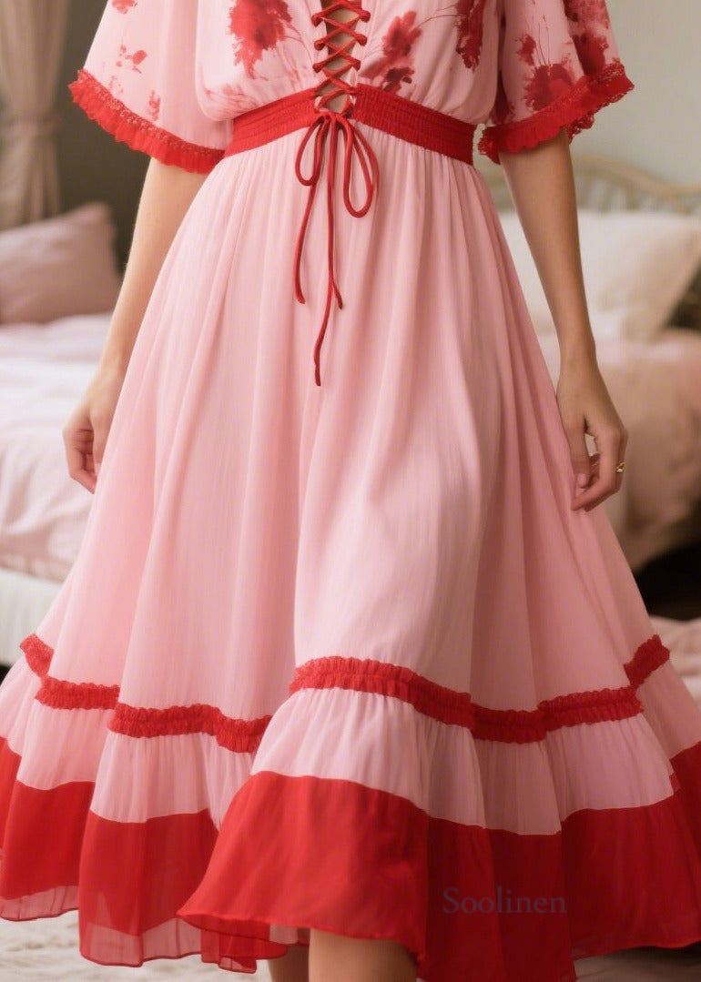 Boho Pink Patchwork Cross Strap Chiffon Holiday Dress Summer