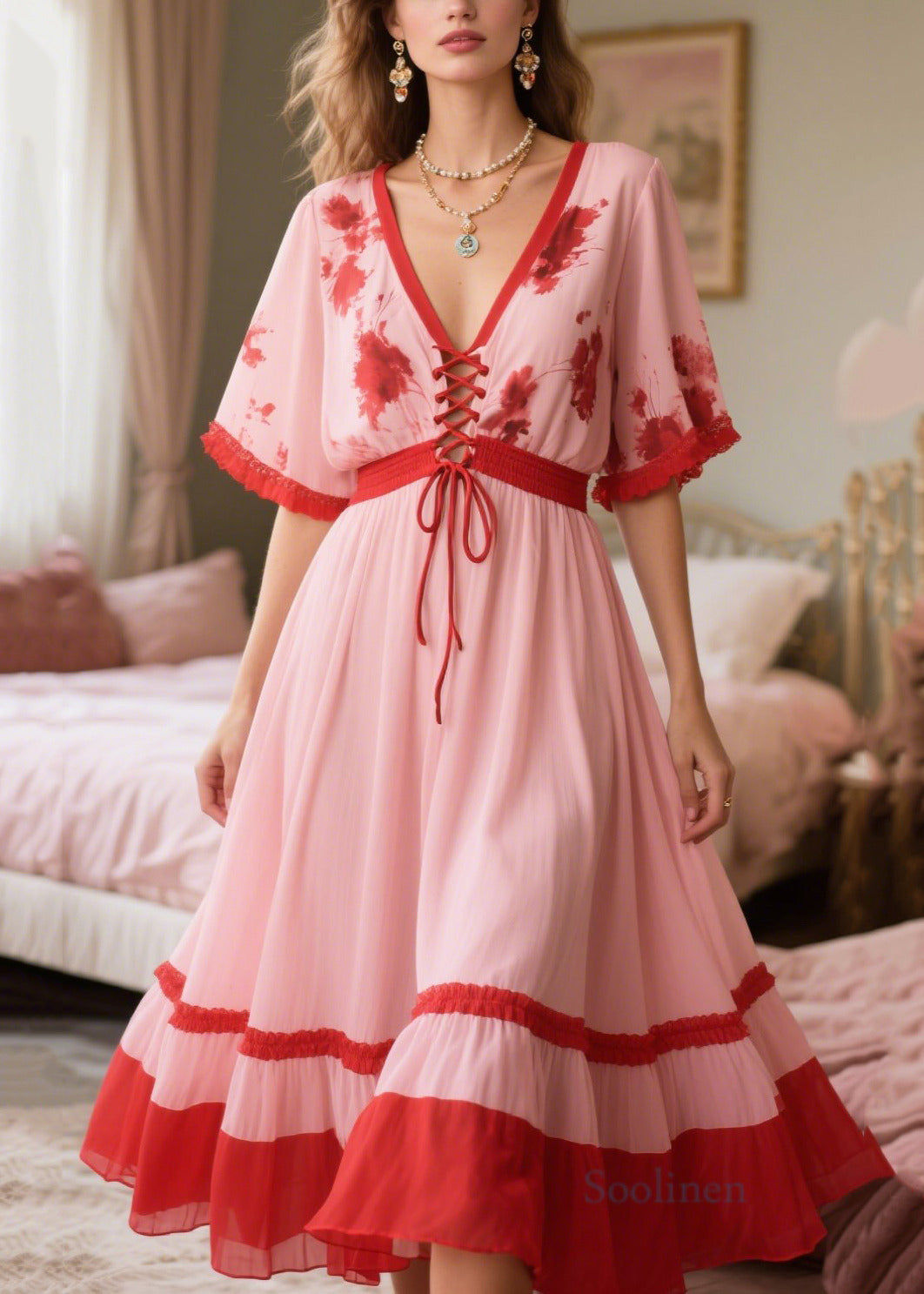 Boho Pink Patchwork Cross Strap Chiffon Holiday Dress Summer