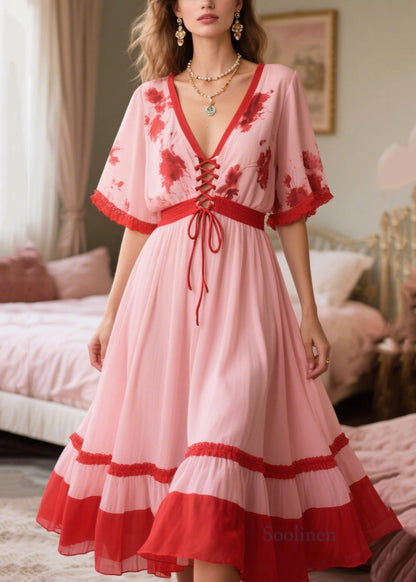 Boho Pink Patchwork Cross Strap Chiffon Holiday Dress Summer