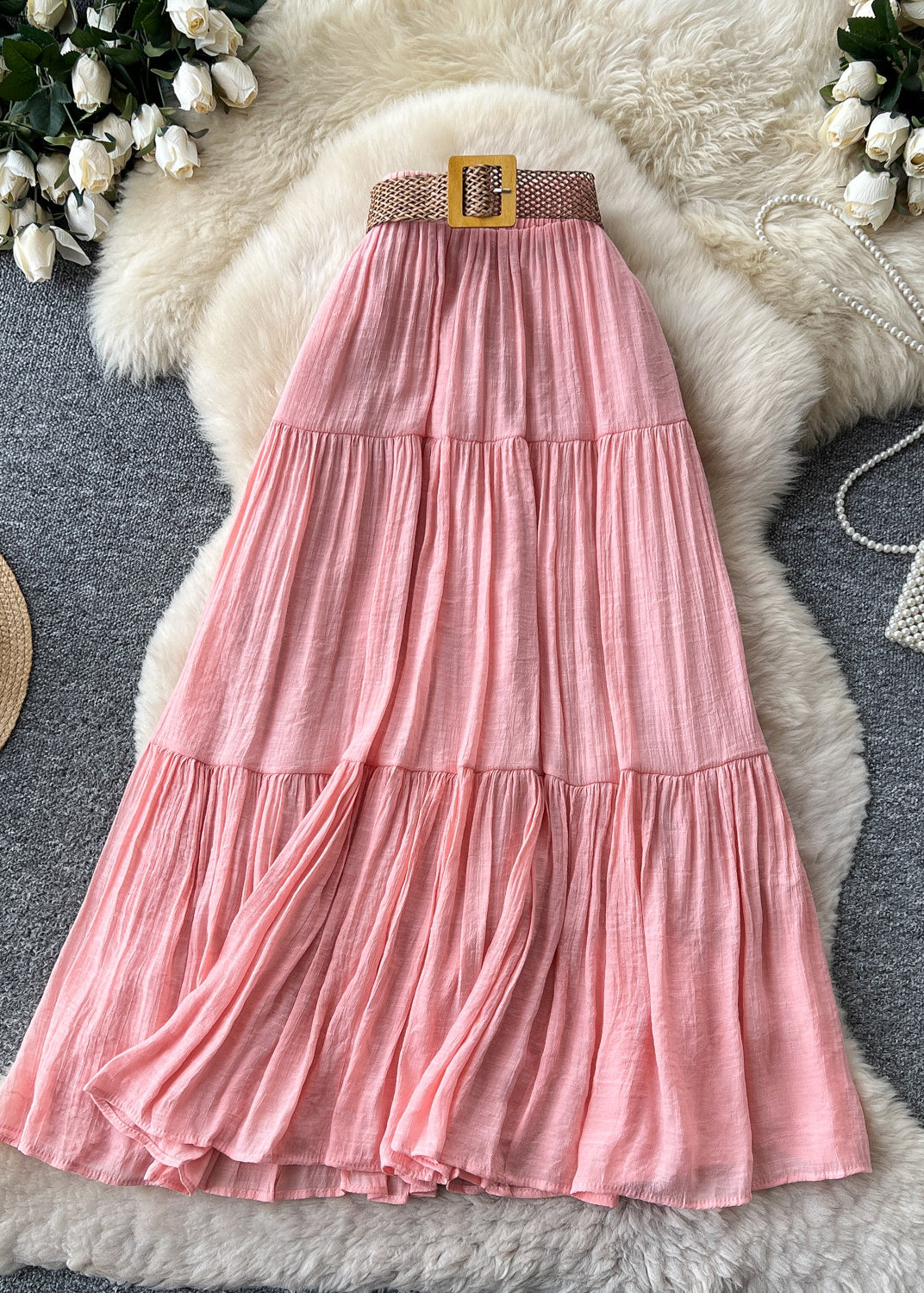 Boho Pink Patchwork Wrinkled Cotton Skirt Summer